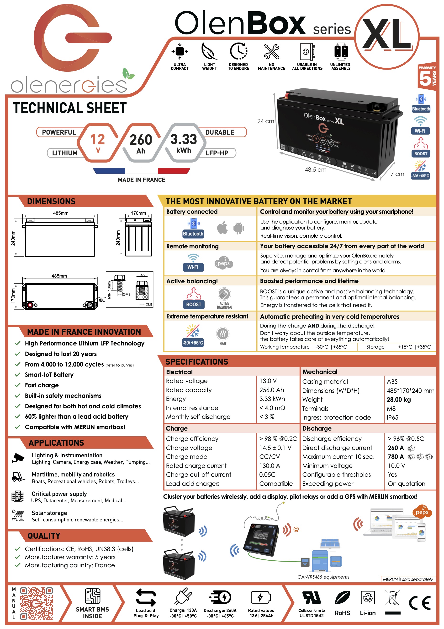 Technical data sheet OlenBox XL series : 12V 260Ah - 3333Wh